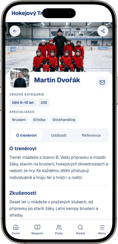 Veřejná vizitka trenéra na hokejovytrenink.cz v telefonu